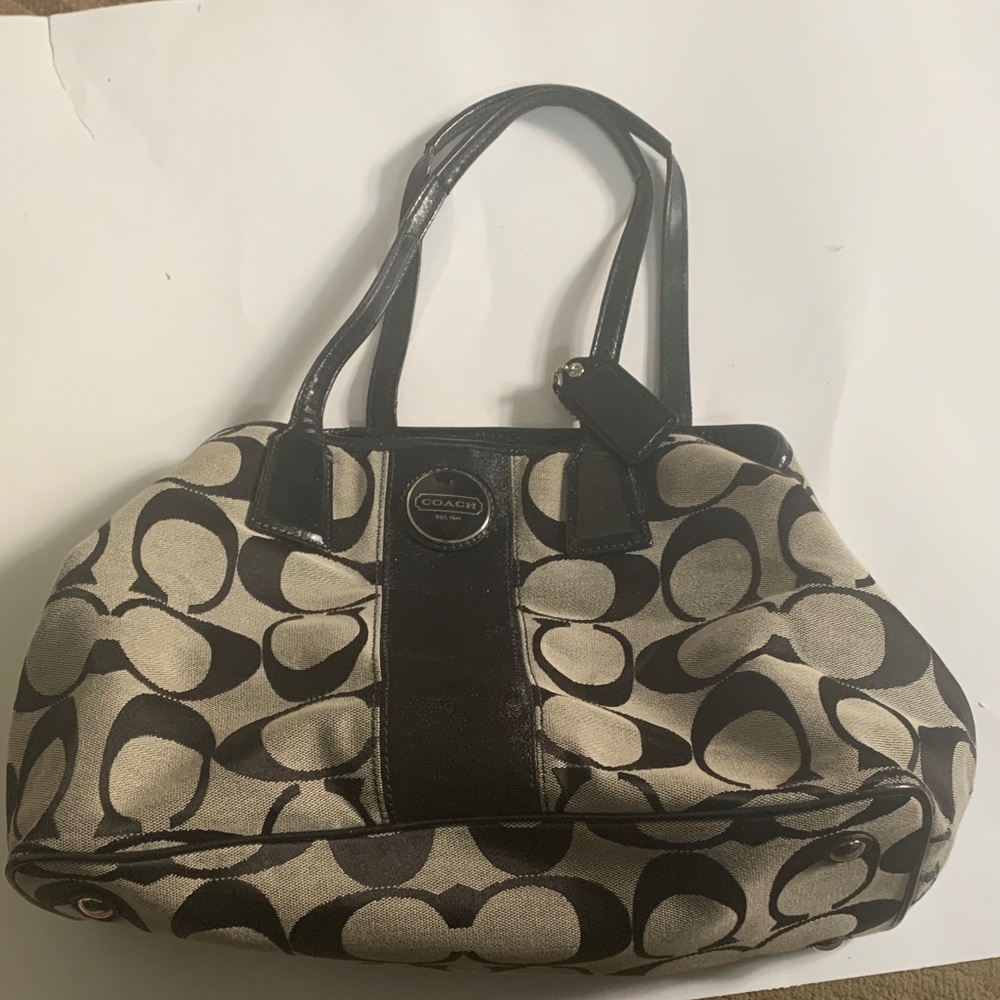 Coach Canvas Shoulder Bag in Beige and Black with Signature C Pattern